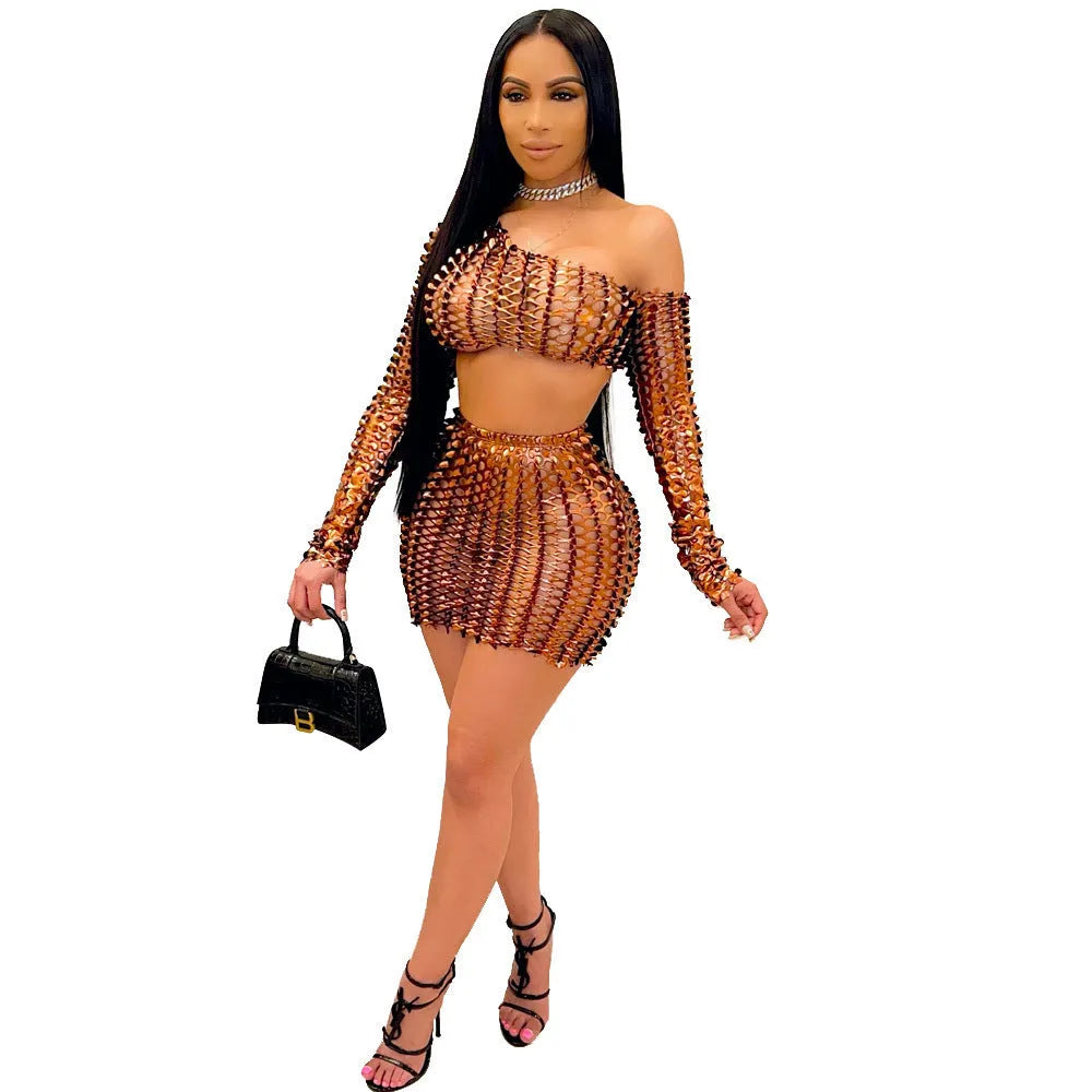 Women's black net hole hollow-out two-piece dress set with sleeveless top and short skirt