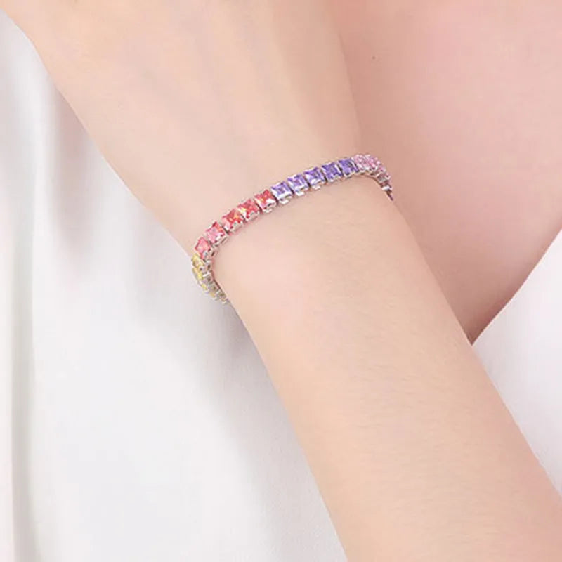 Electroplated platinum square diamond zircon bracelet for women in geometric design with gang drill details