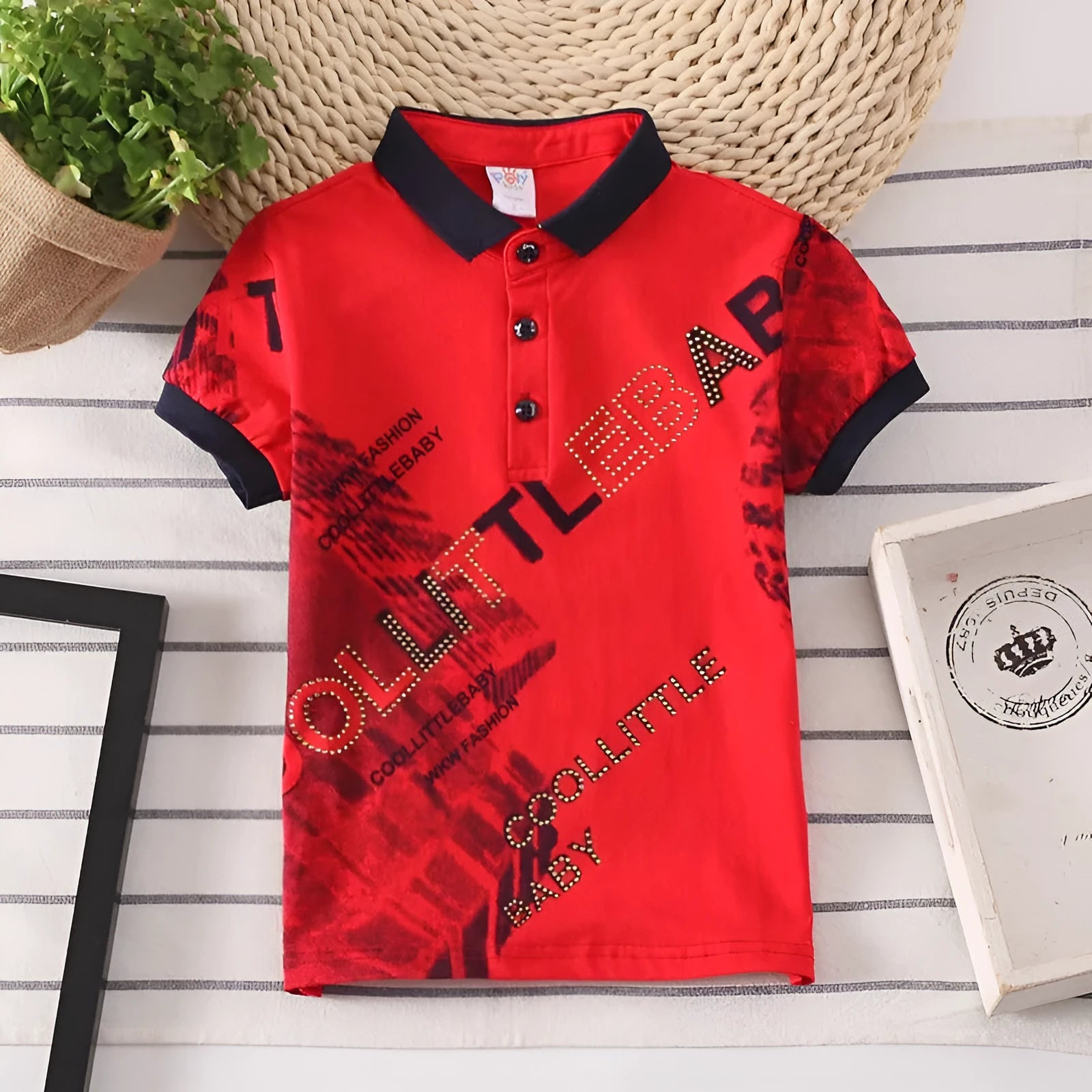 Boys' cotton polo shirt in navy colour with short sleeves and lapel collar