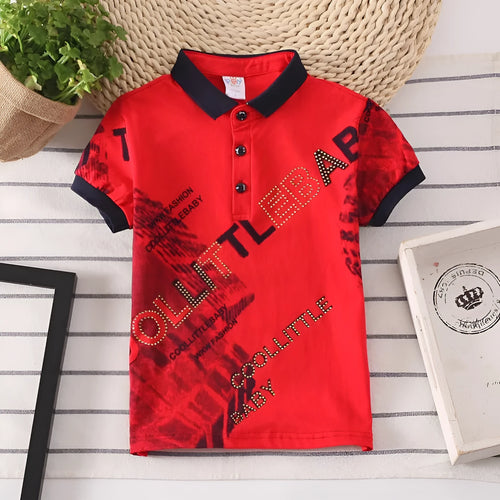 Boys' cotton polo shirt in navy colour with short sleeves and lapel collar