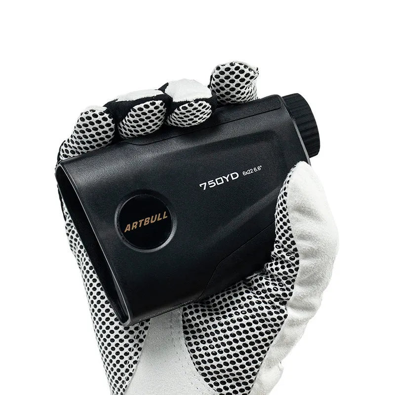 Golf laser rangefinder with LCD display showing distance measurement, featuring flag lock and slope compensation functions