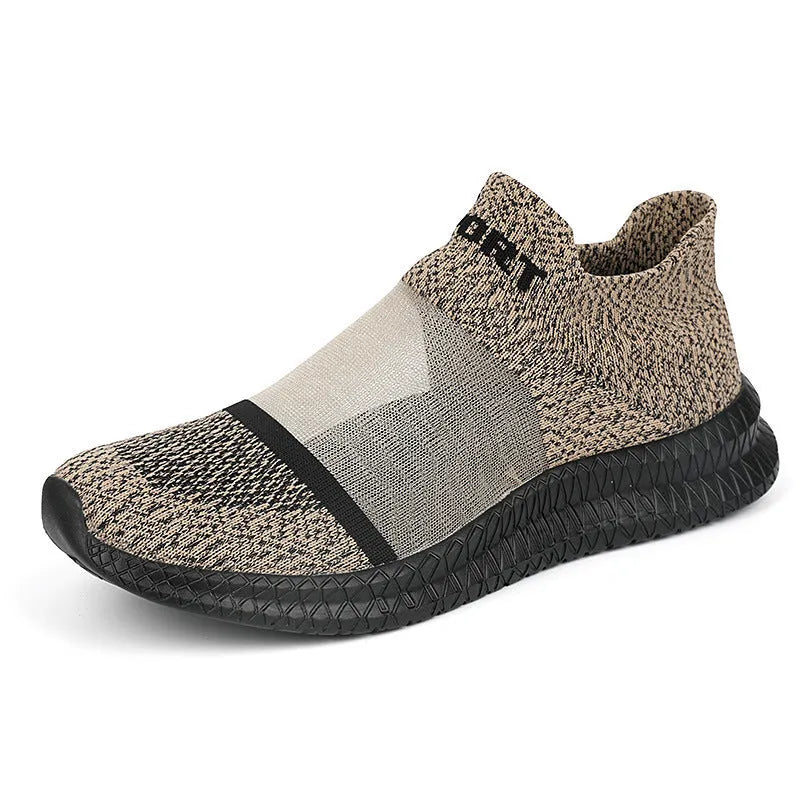 Flyknit casual sock shoes in khaki colour with lace-up front and tassel detail on a flat MD sole.