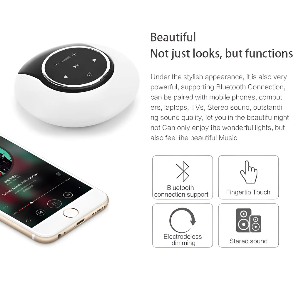 Blue folding Bluetooth speaker desk lamp with touch controls showing white, yellow, and blue LED lighting options