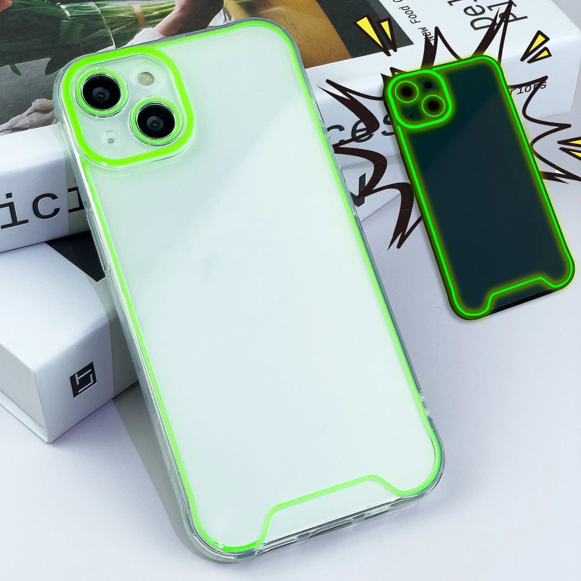 Glow-in-the-dark green soft TPU protective case for iPhone, shown from the back.