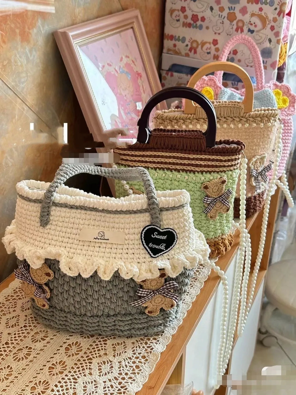 Wool crocheted bear portable shoulder bag with wooden handle, handmade female bag in one of four random styles