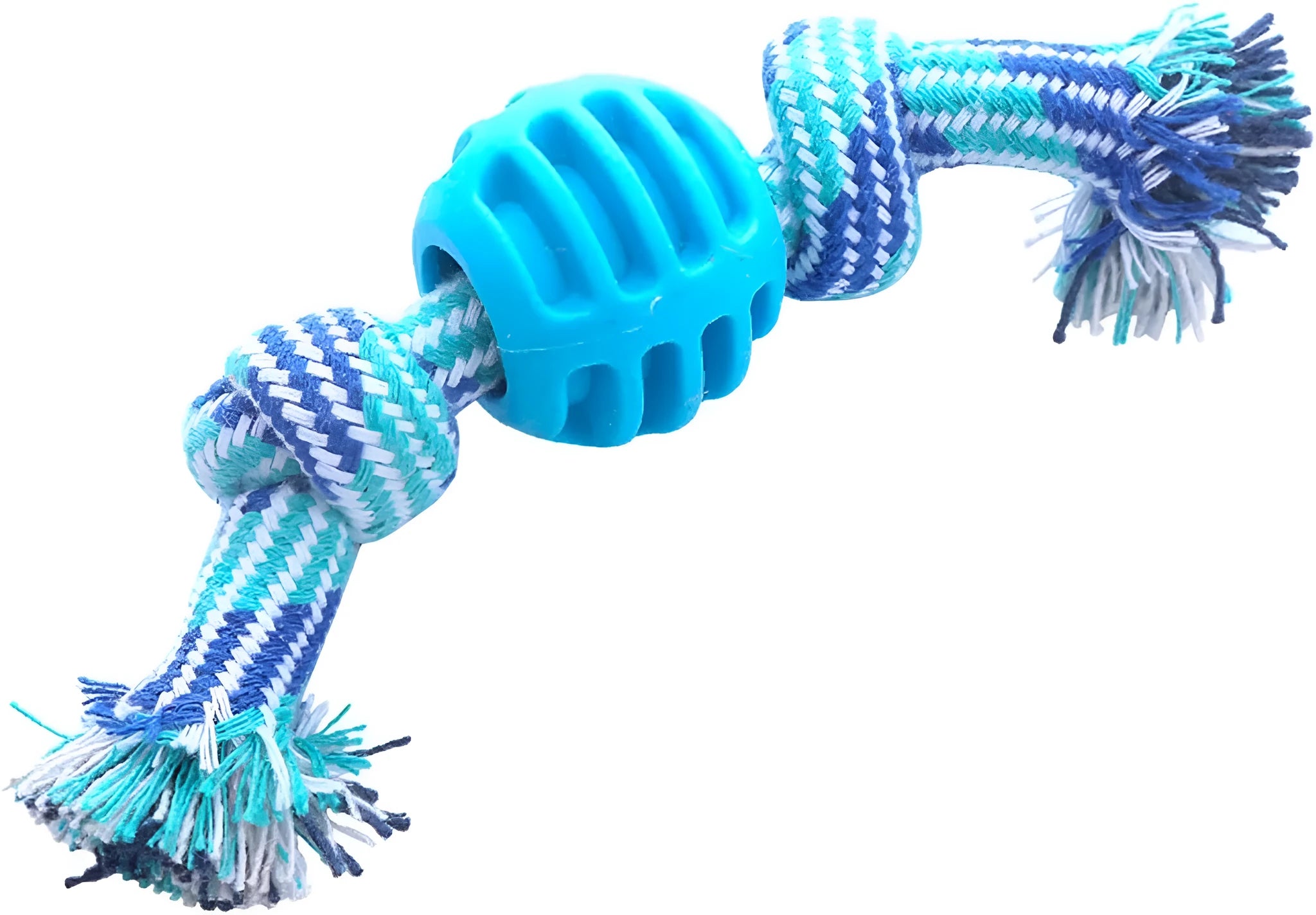 Blue soft dog chew toy in molar shape with integrated white ropes for dental cleaning.