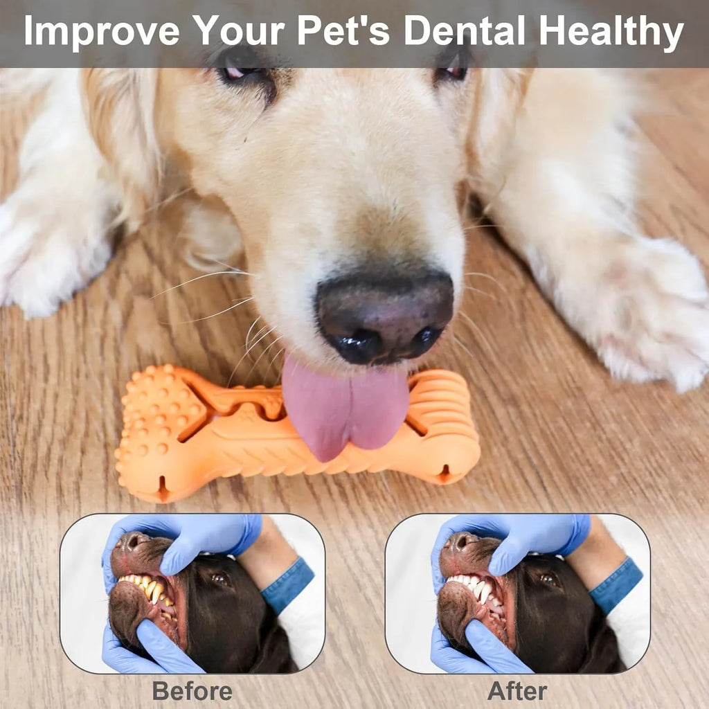 Blue green orange natural rubber bone-shaped dog chew toy for aggressive chewers with textured teeth cleaning surface