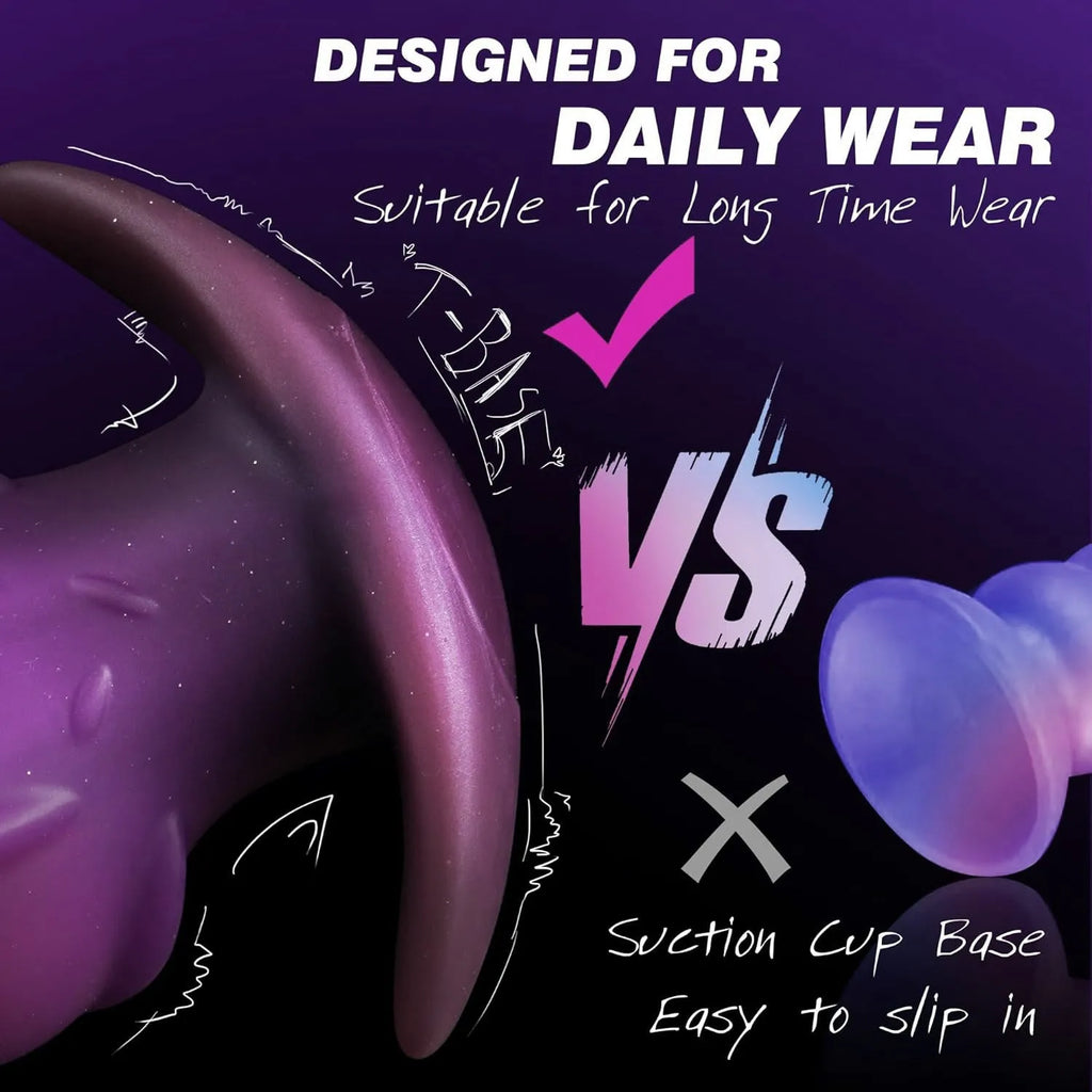 A purple unisex wearable masturbator made from liquid silicone, shown with size options S, M, L, XL.