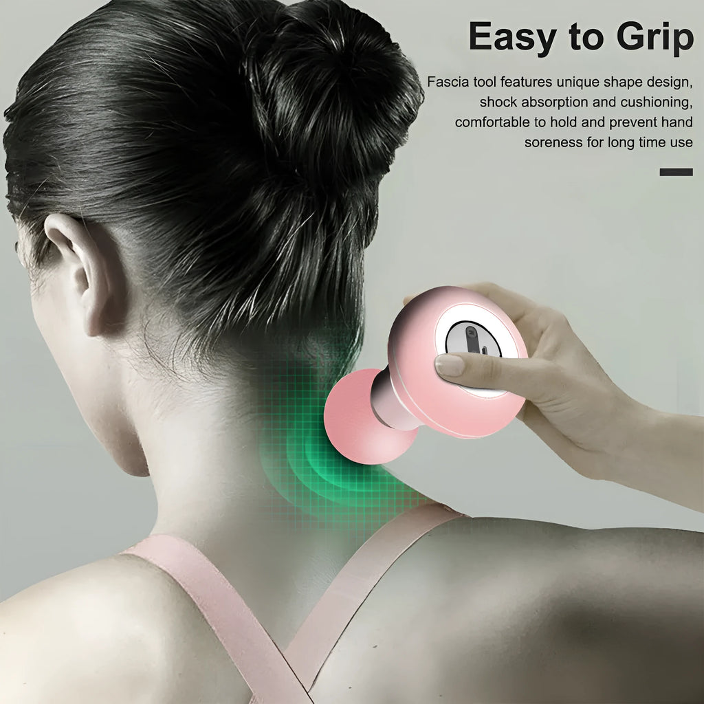 Mini pocket electric fascia massage gun in blue with cushioning head for deep muscle relief