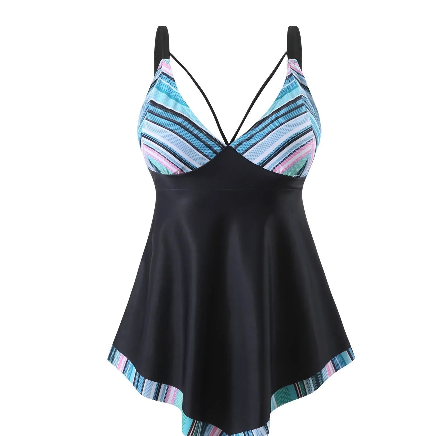 Plus size women's two-piece bikini swimsuit in quick-dry polyester fabric, backless design.