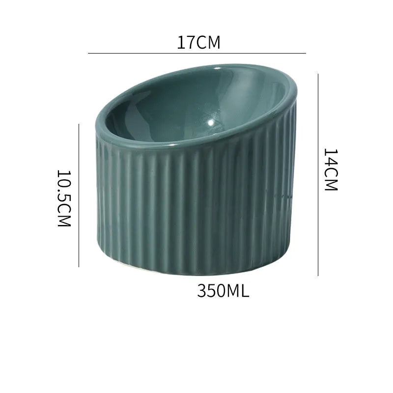Ceramic elevated cat bowl in round tilted design with raised height for indoor cats