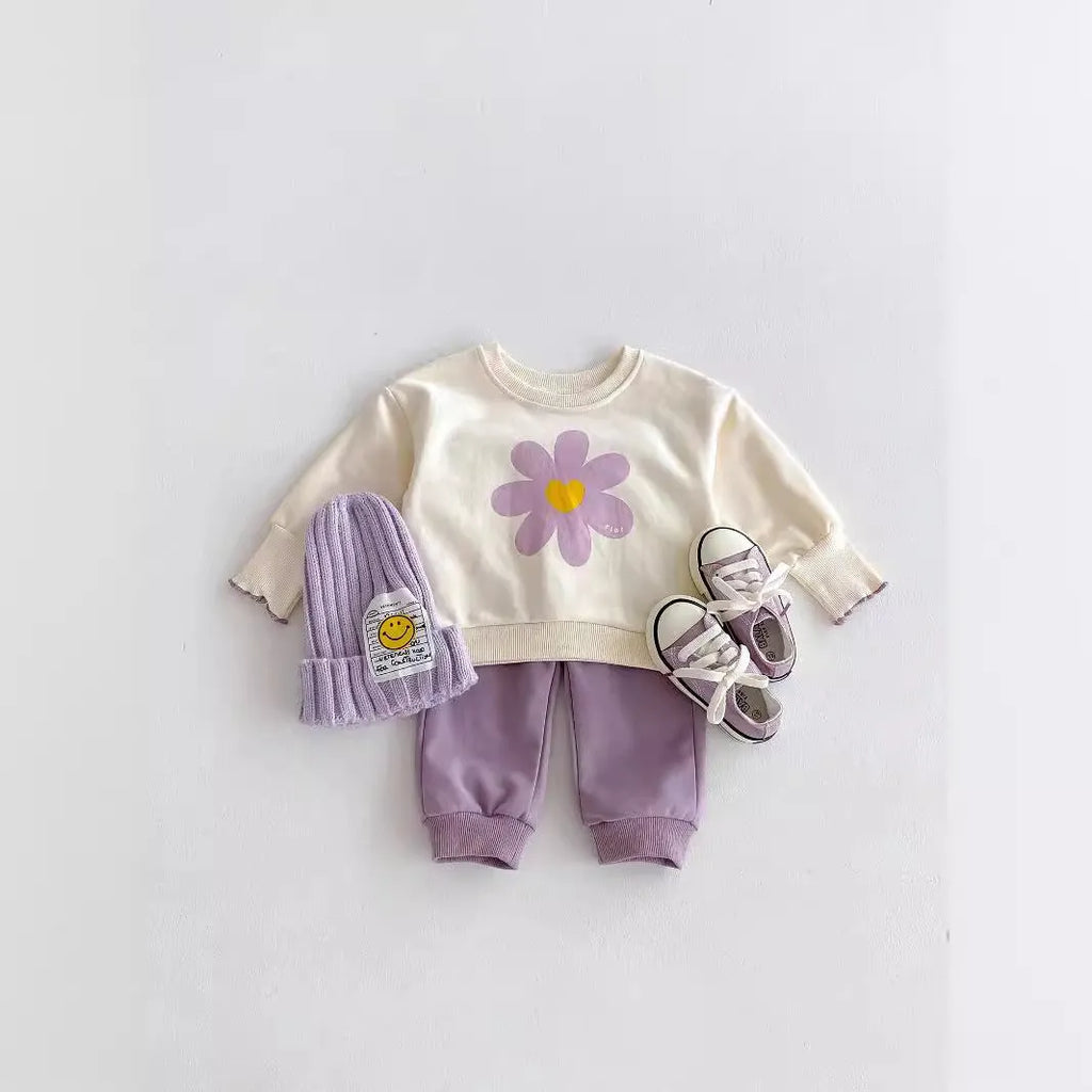 infant two-piece set cute flower sweatshirt and sweatpants baby girl suit purple cotton