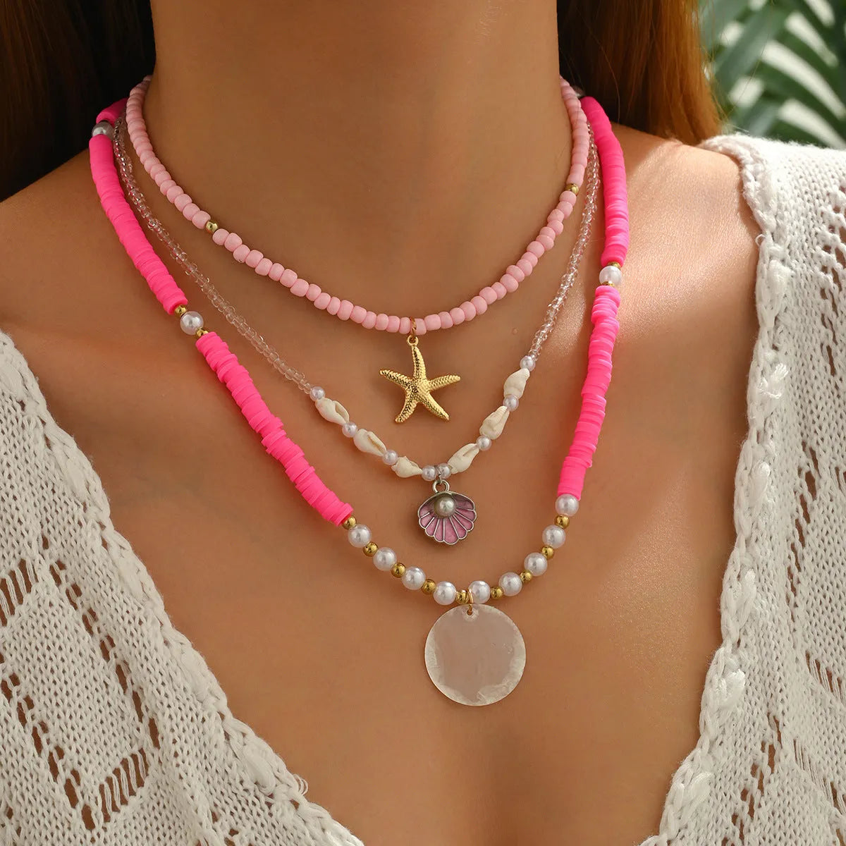 Polymer clay beaded necklace with multi-layer twin clavicle chain and geometric alloy pendant on female model