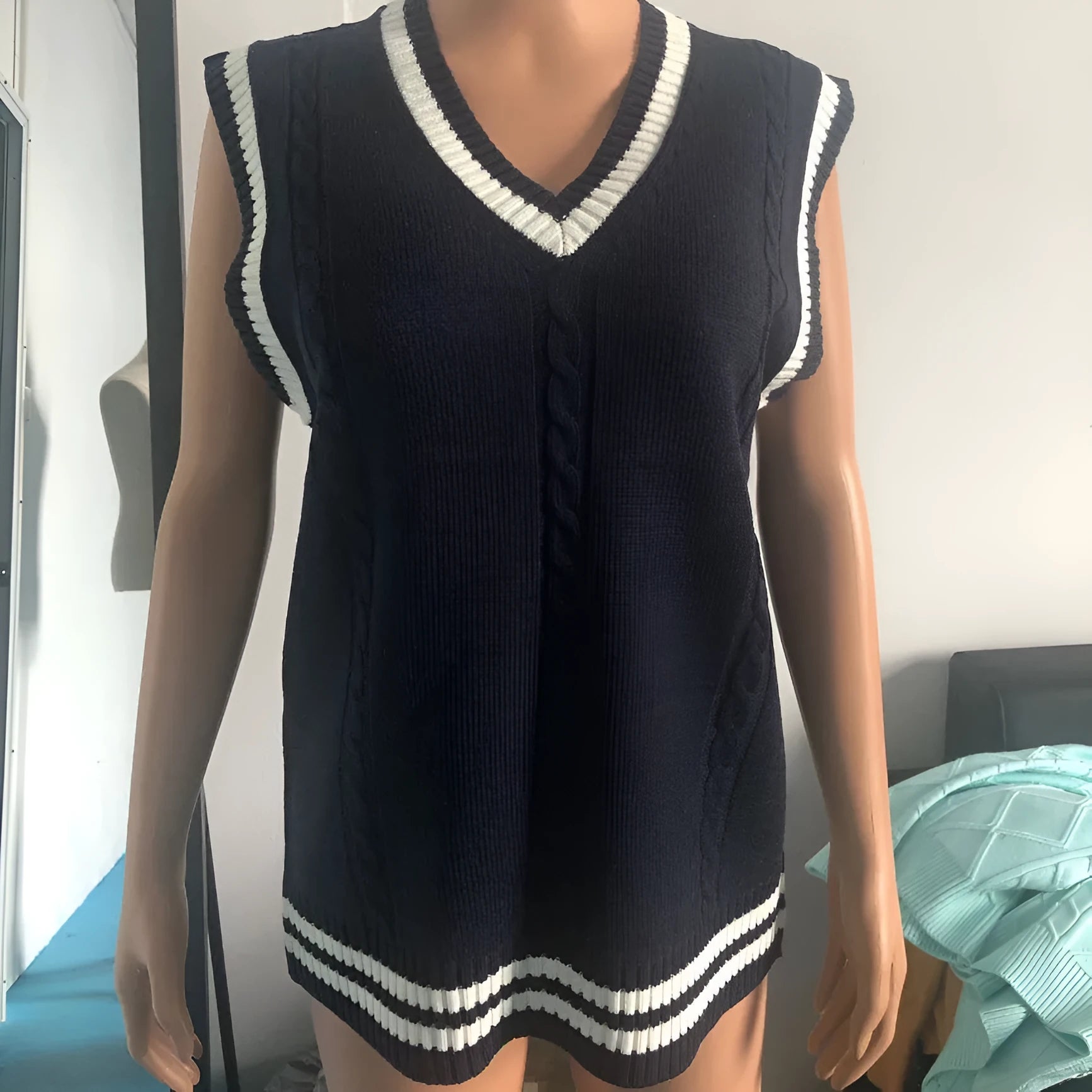 Women's V-neck striped knitted waistcoat sweater in acrylic fibre fabric available in multiple colours