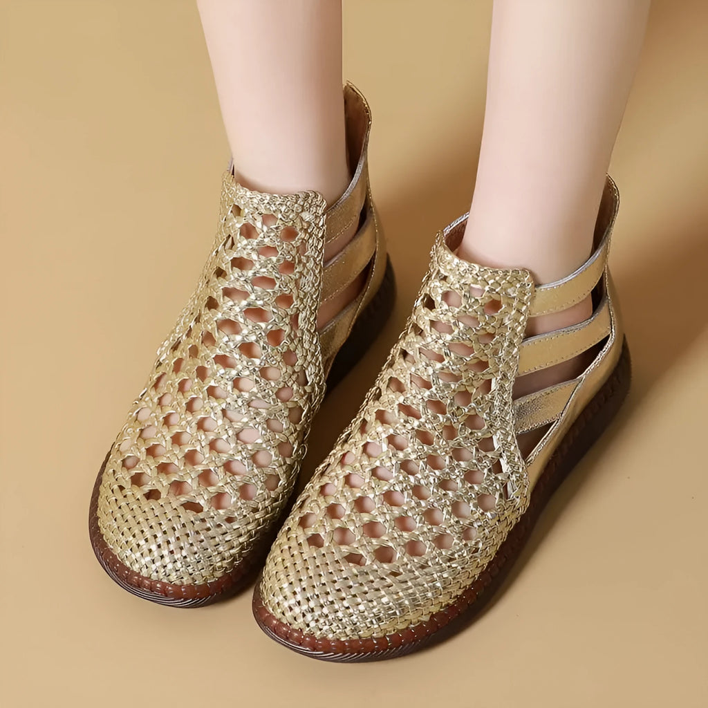 Flat soft-soled comfort sandals in gold with hollow-out PU upper and TPR sole