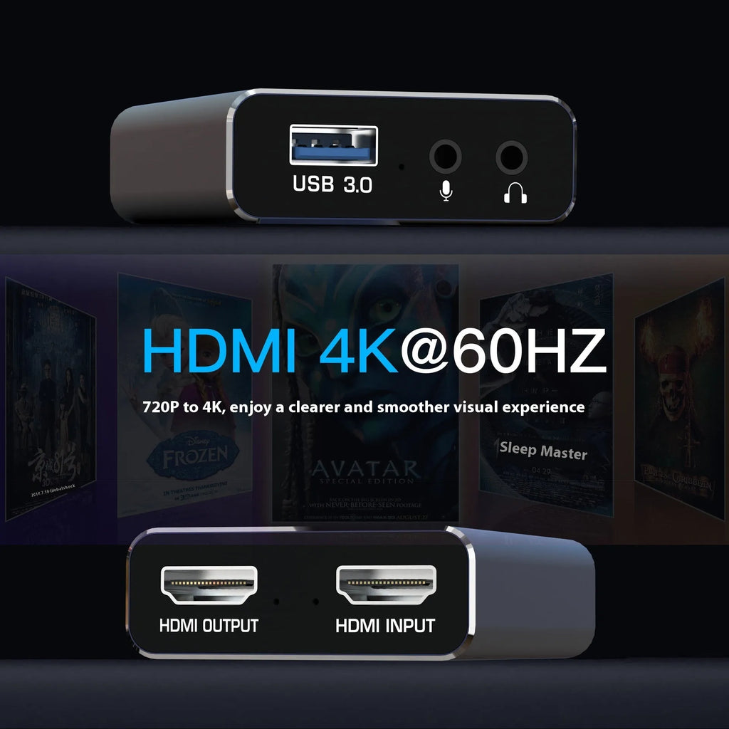 Black 4K gaming set-top box with MS2131 chip for gameplay recording with audio
