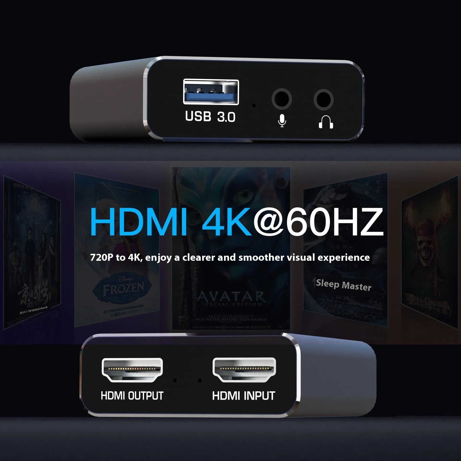 Black 4K gaming set-top box with MS2131 chip for gameplay recording with audio