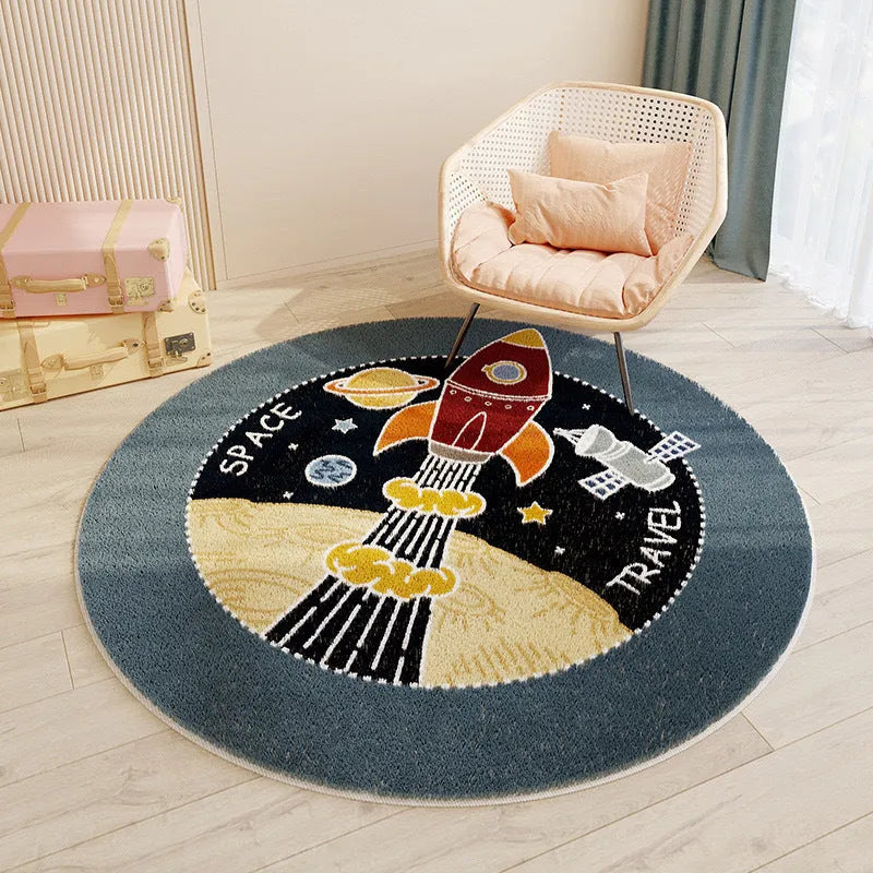 Round polyester fibre floor mat with cute cartoon animal print, non-slip backing, 60-200cm diameter