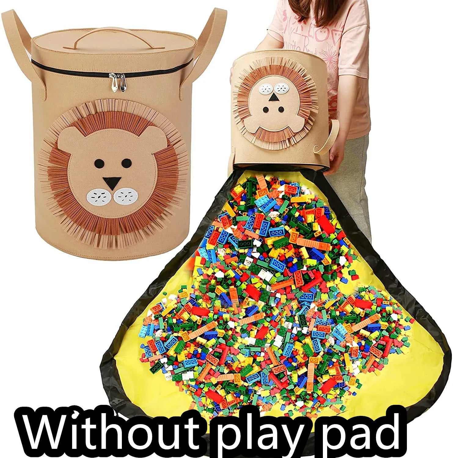 Green felt cube storage bag with pull rope, laid flat as a play mat for toys.