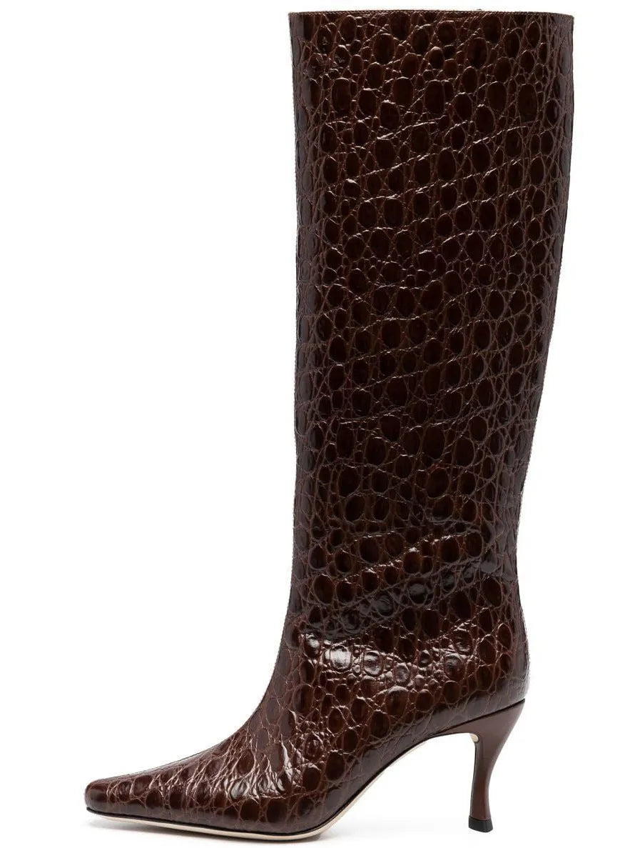 Women's square toe cowboy boots in microfibre available in multiple colours including black, snake pattern, and brown stone