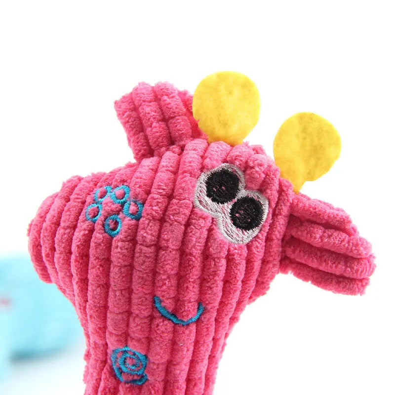 Blue deer-shaped plush dog toy with corn kernel texture
