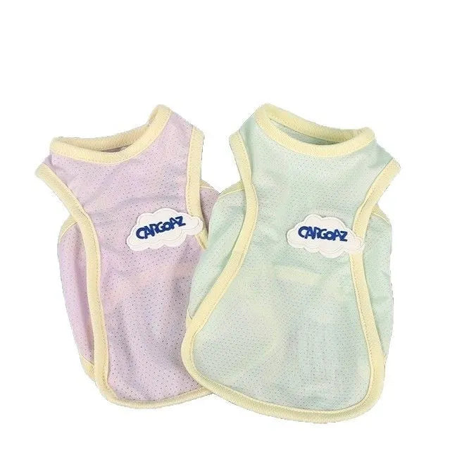Grass green polyester cat vest for summer wear in size medium on grey background