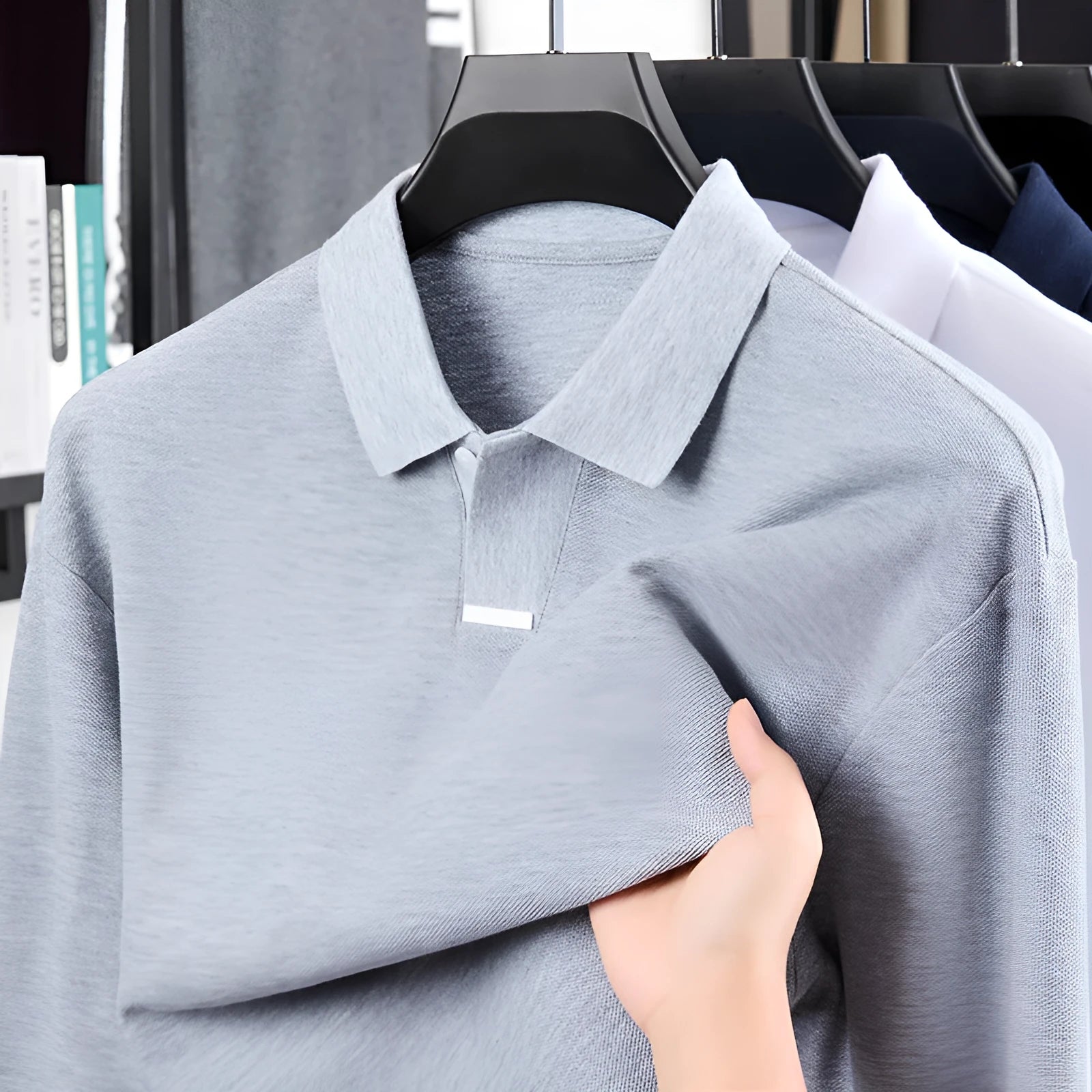 Men's gray cotton polo shirt with asymmetric lapel design and long sleeves