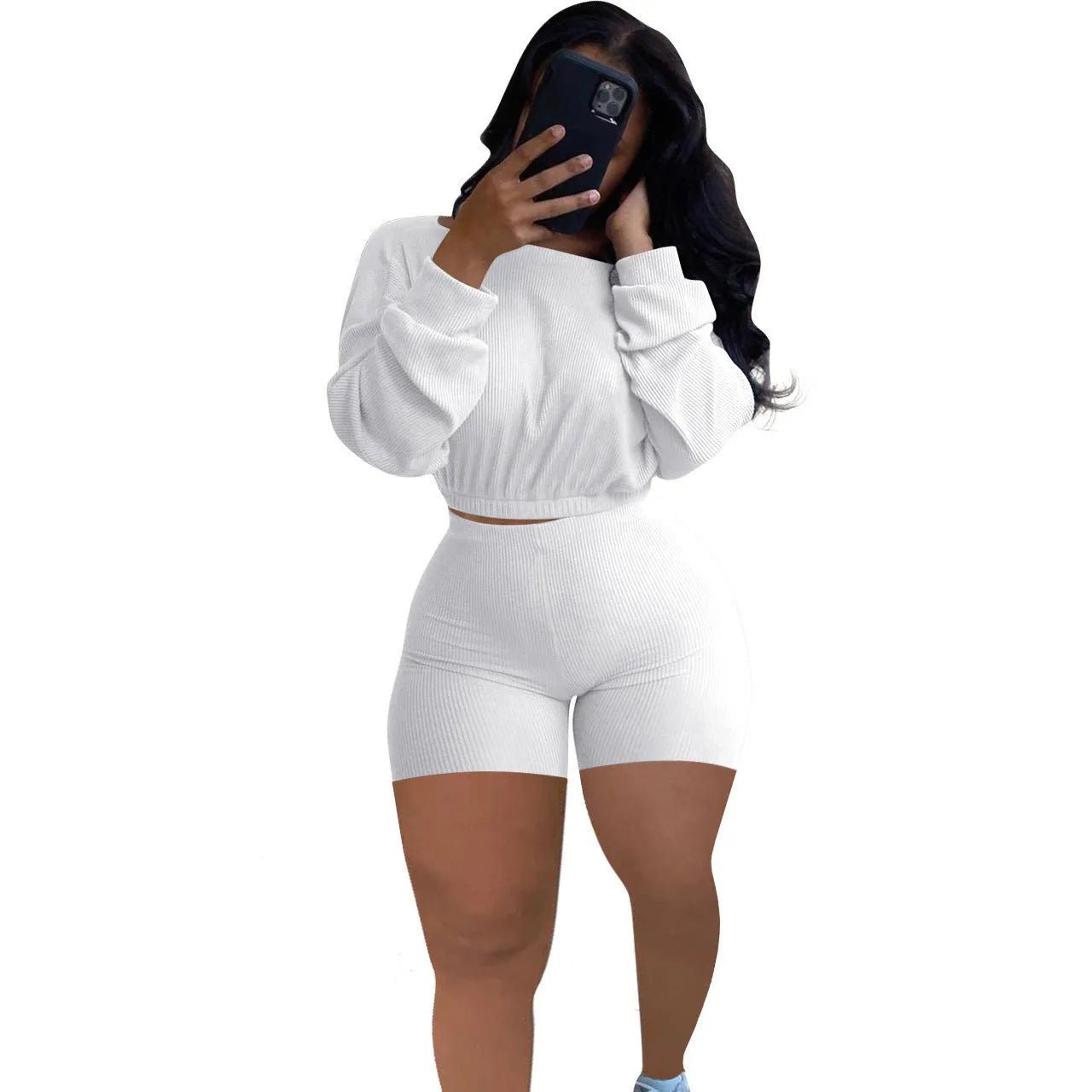Women's solid colour off-the-shoulder top with sunken stripe detail and matching shorts, a two-piece set with long sleeves.