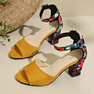 Women's round toe hollow ankle-strap buckle thick high heel sandals in black red yellow sizes 34-45