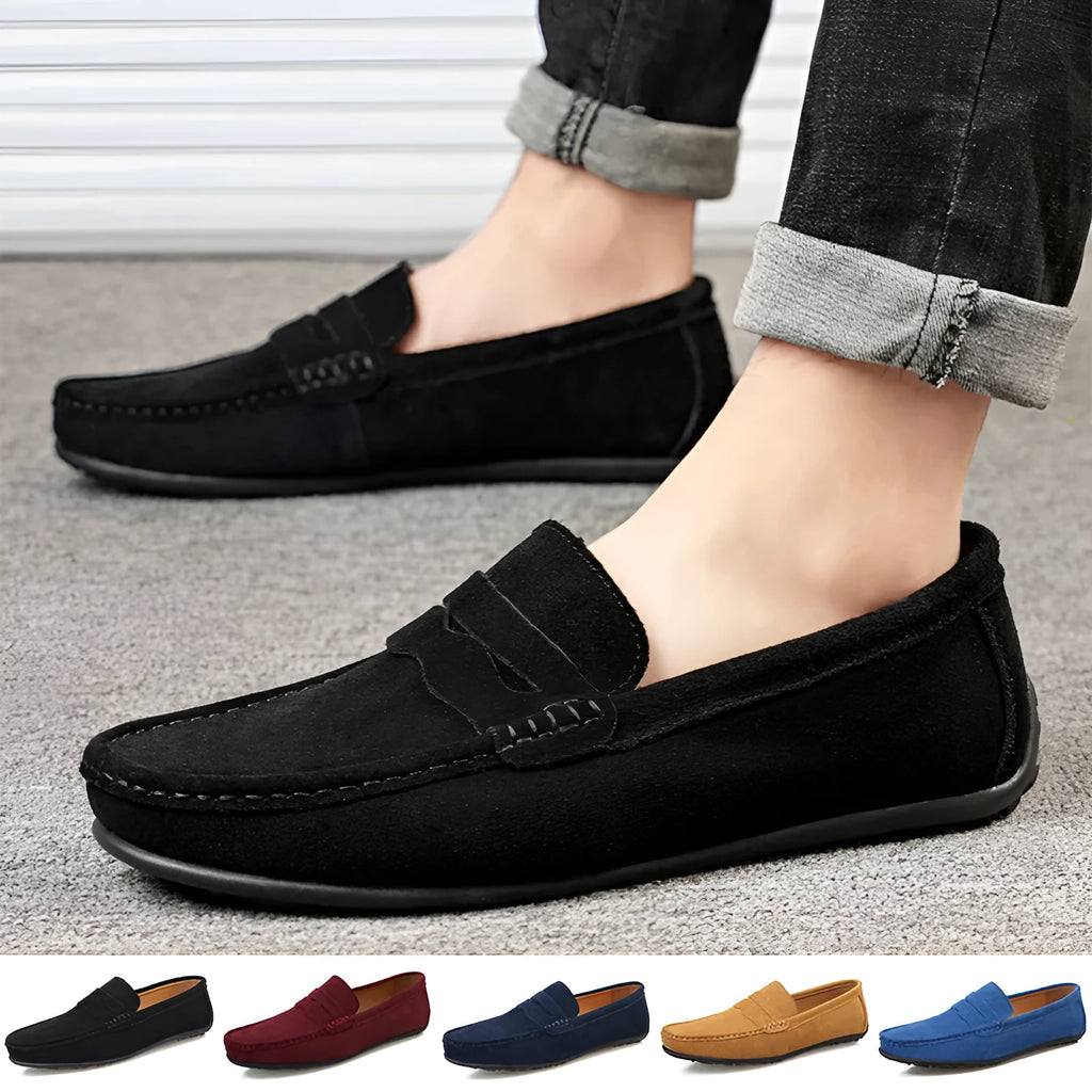 Men's solid colour suede loafers with slip-on design and round toe