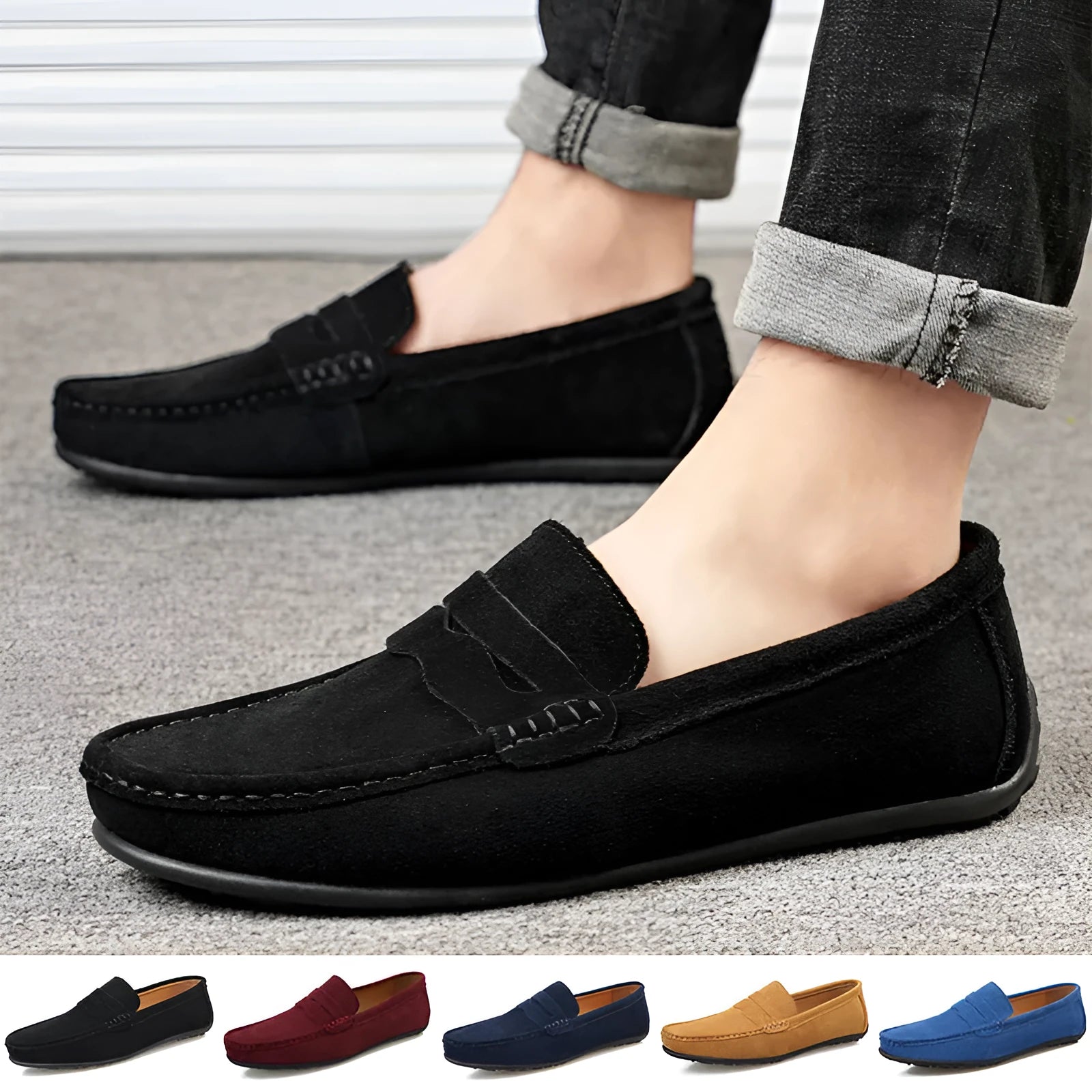 Men's solid colour suede loafers with slip-on design and round toe