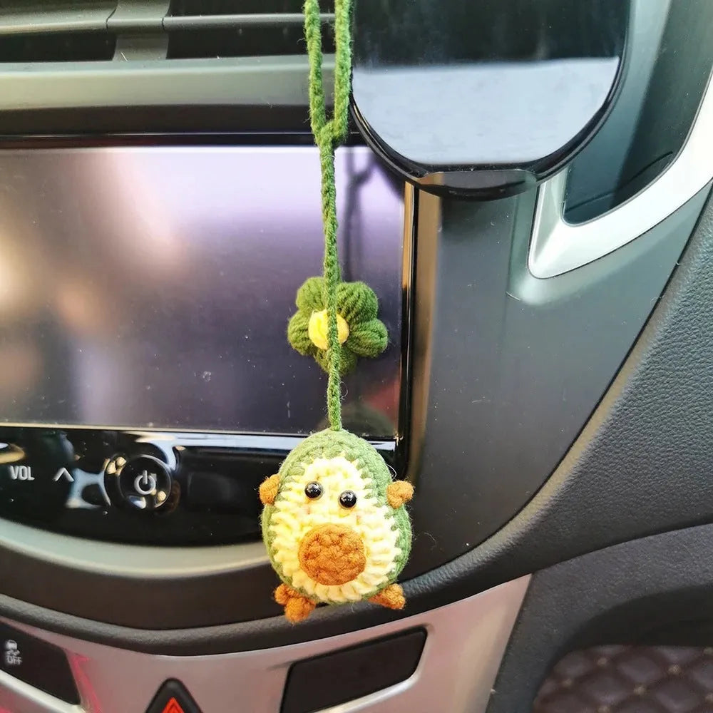 Handmade crocheted avocado rainbow flower car pendant in wool yarn for vehicle interior decoration