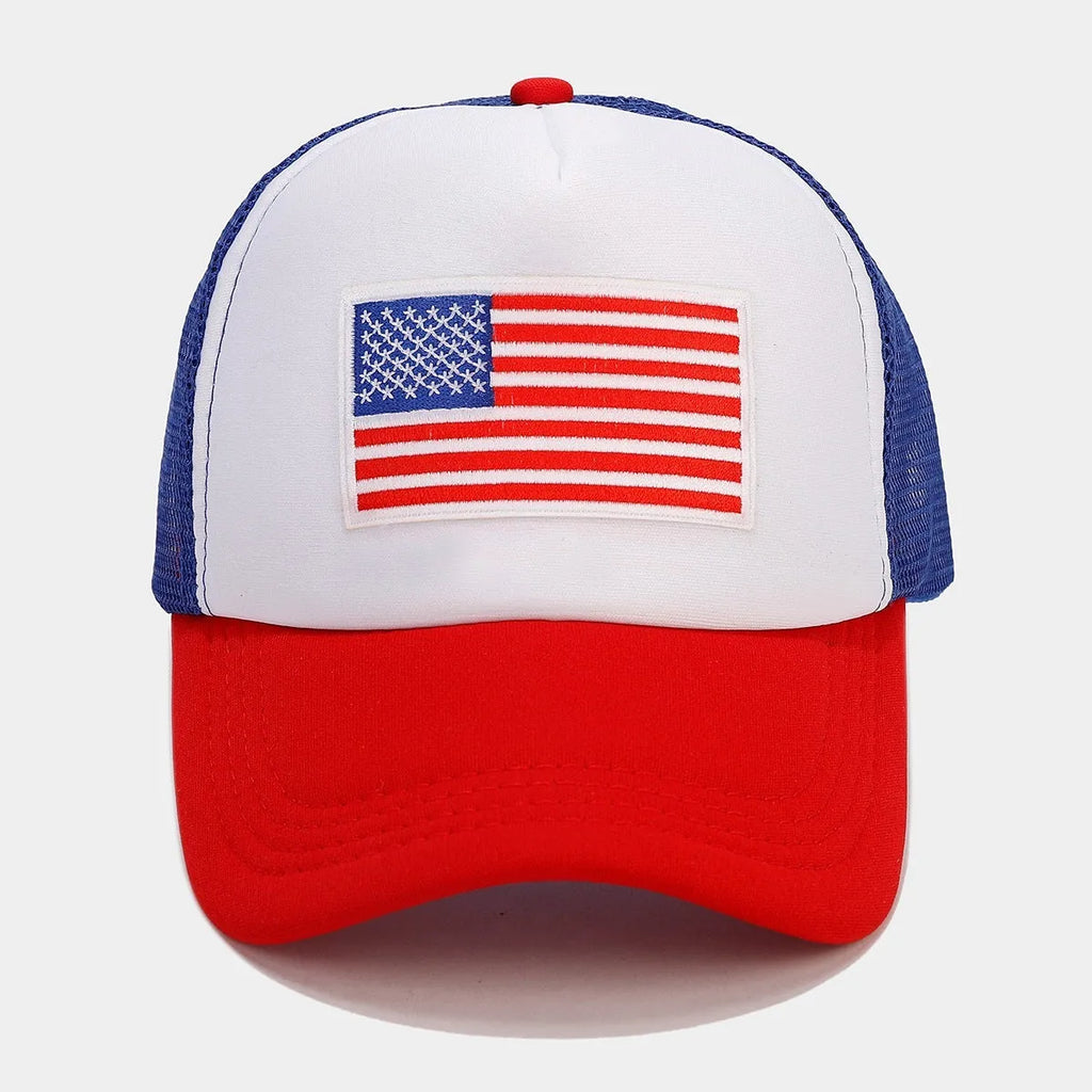 Red and blue contrast mesh baseball cap with adjustable strap and dome crown.