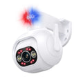White plastic 4MP smart security camera with wall mount bracket and 12V power adapter
