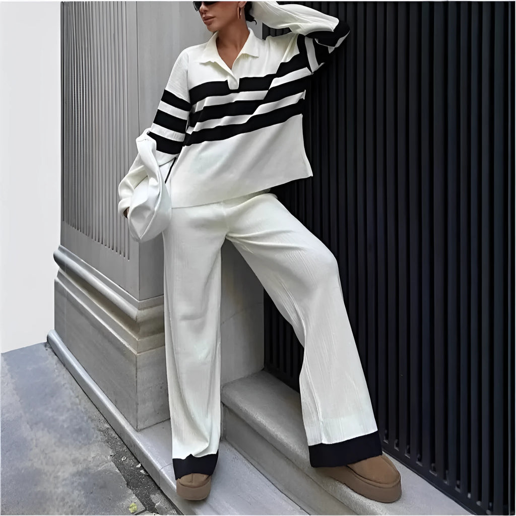 Women's black and white striped polo collar knitted two-piece set with matching trousers