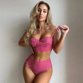 Women's plaid high-waist bikini swimsuit in rose red, black, blue or sky blue.