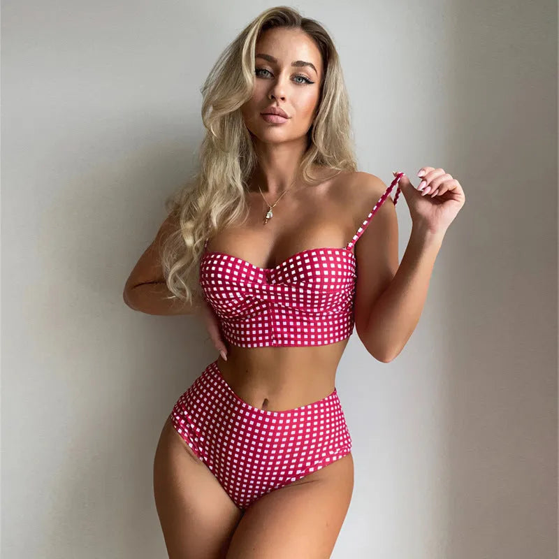 Women's plaid high-waist bikini swimsuit in rose red, black, blue or sky blue.