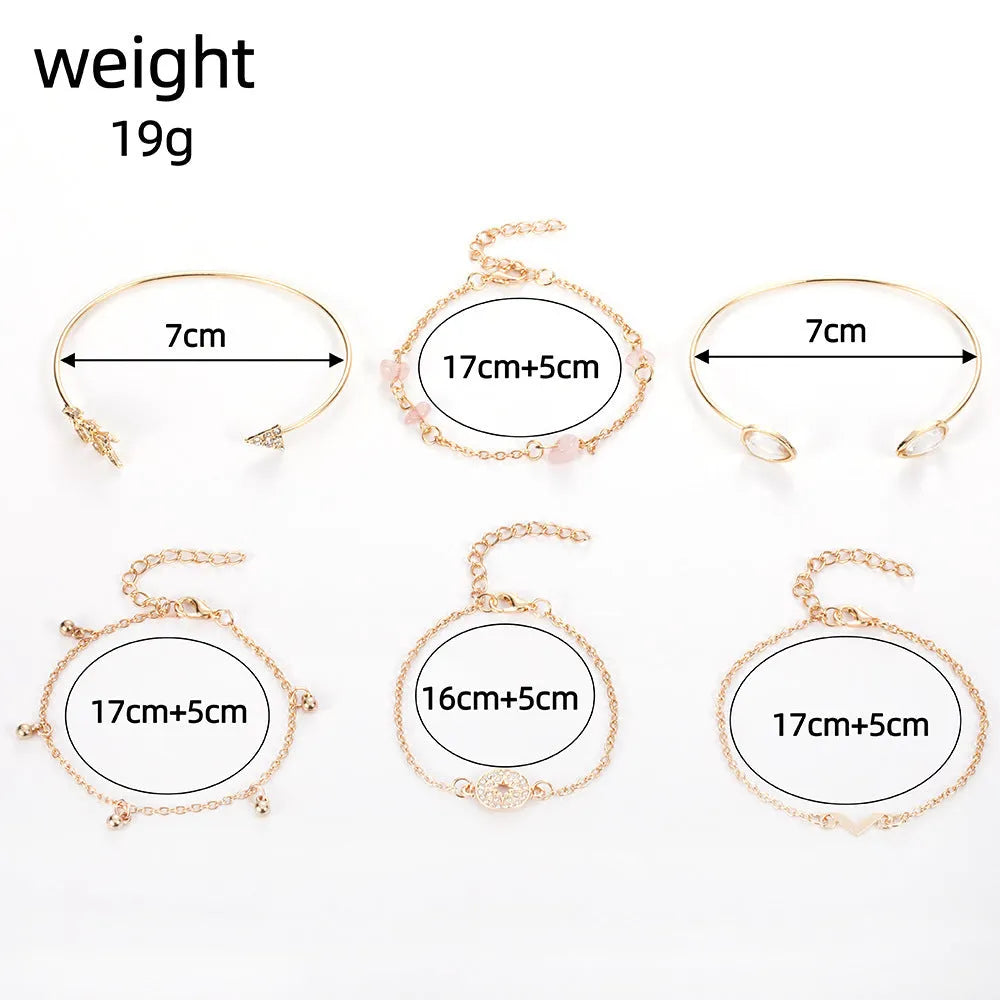 Golden spot drill arrow and water drop shaped bracelet set with six zinc alloy pieces