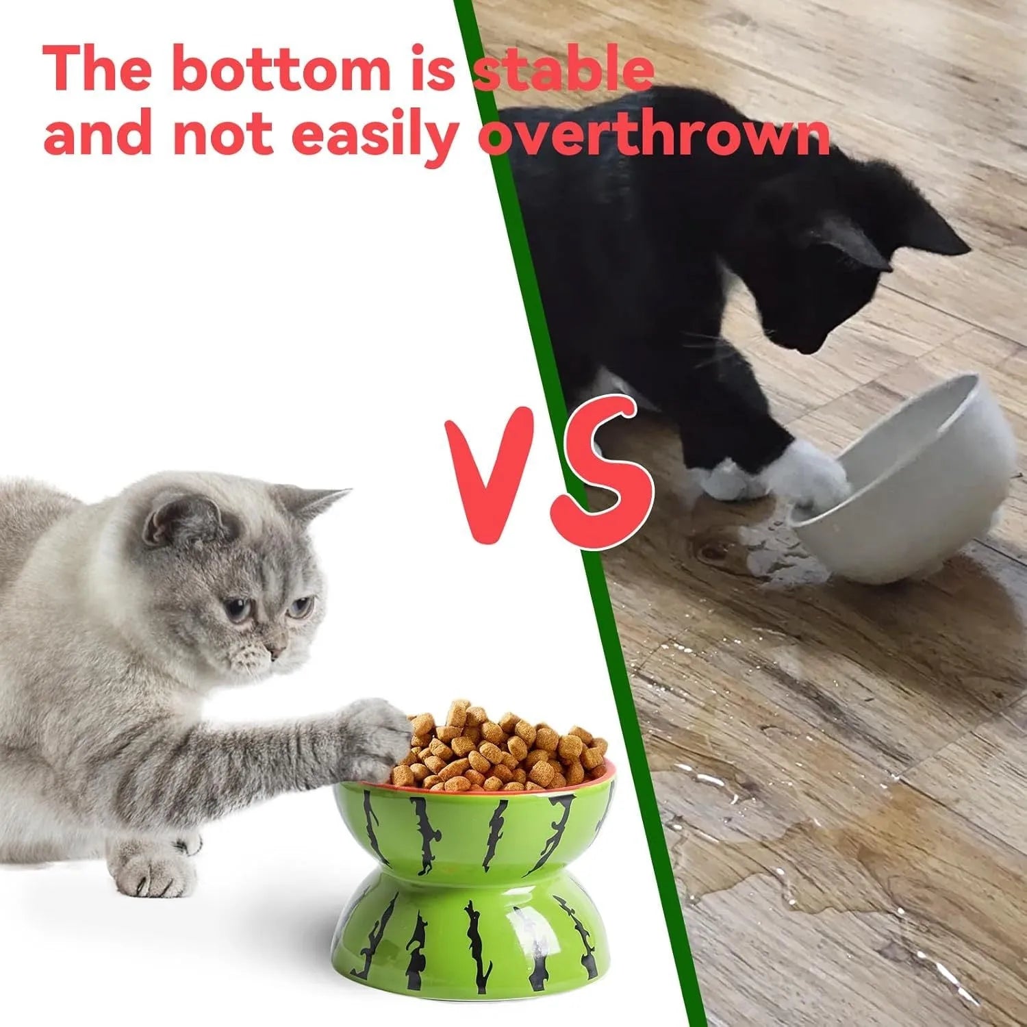 Ceramic raised cat bowl with tilted design in orange, pitaya or watermelon pattern.