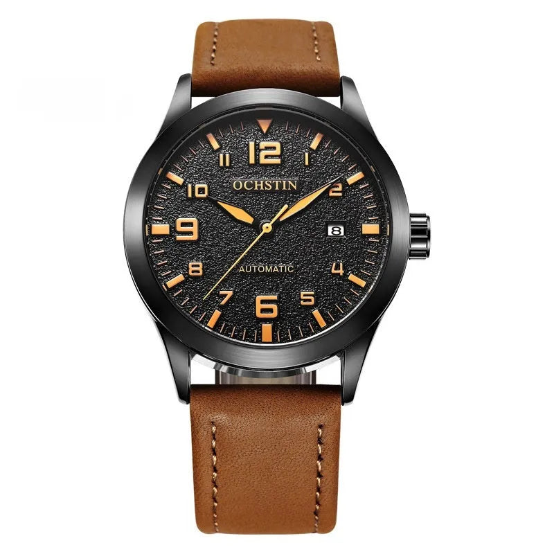 Men's silver case Army Green dial automatic watch with brown leather strap on wrist