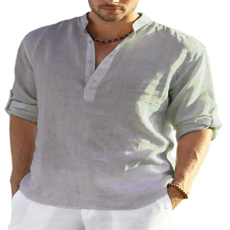 Men's cotton linen long sleeve shirt with stand collar in solid colour options