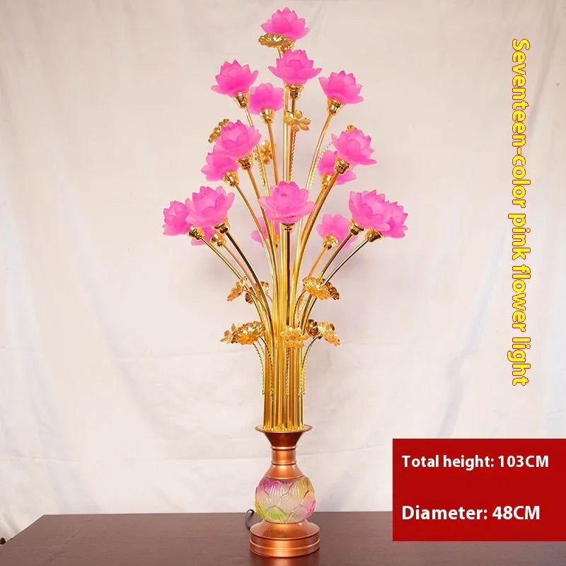 Colored glaze lotus lantern with alloy base, pink floral petals, and LED light for temple worship