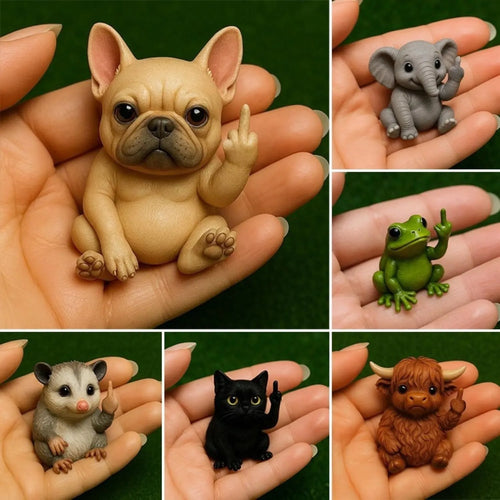 Mini resin animal doll with raised middle finger in dog, cat, elephant, frog, mouse, turtle, or Highland cattle style.