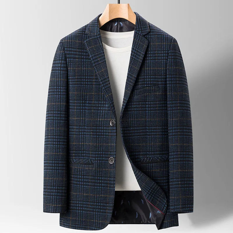 Men's plaid casual suit jacket in khaki colour, light business style made from polyester fibre