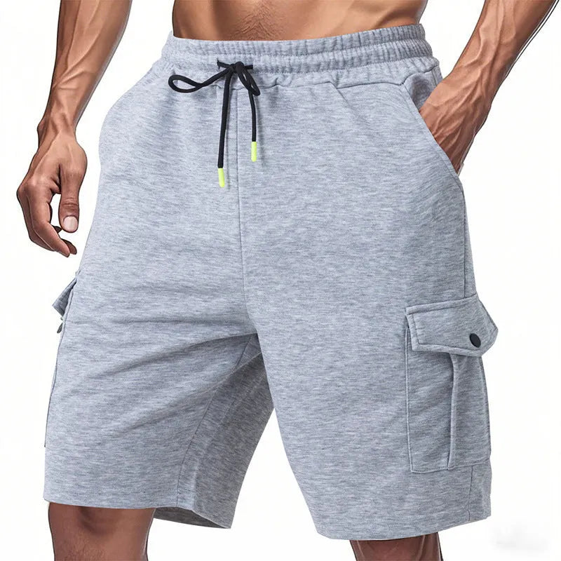 Heavy loose sports cargo shorts in towel terry fabric with multiple pockets in light grey colour