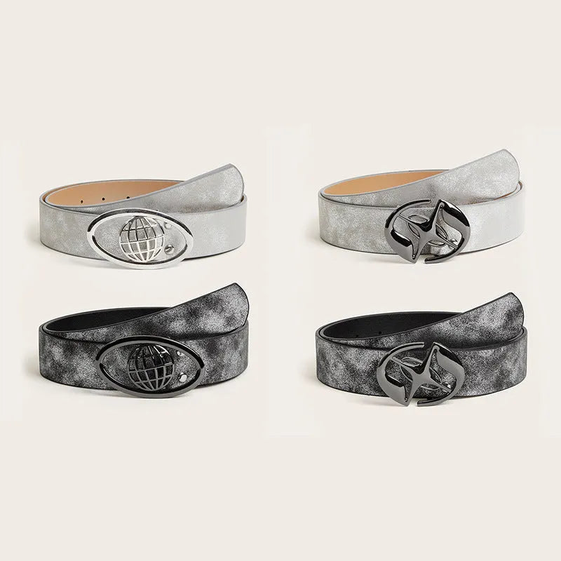 Women's retro belt with oval alloy buckle on thick 4cm PU leather in earthy or star patterned colours
