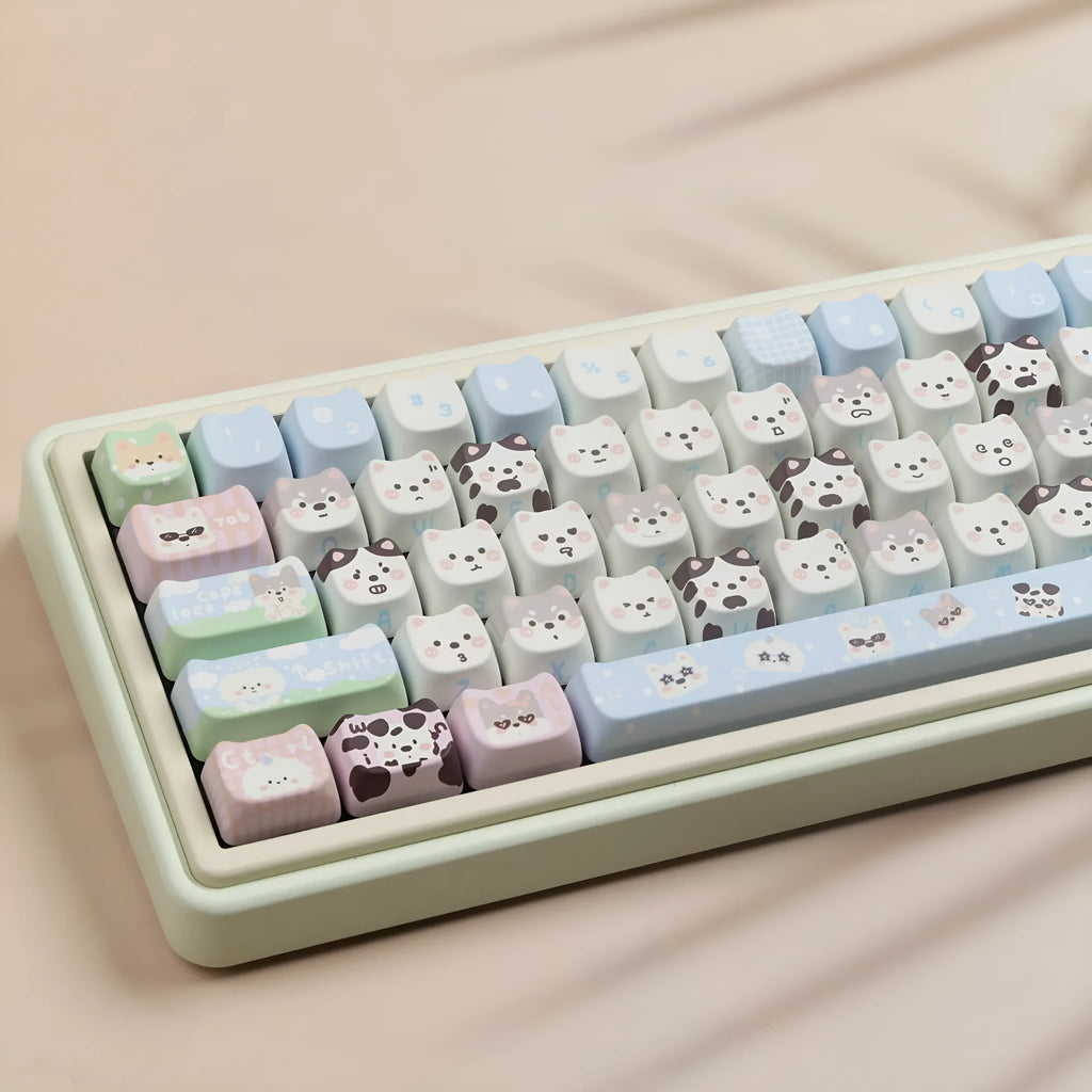 Full set of colourful puppy design PBT plastic key caps for a mechanical keyboard.