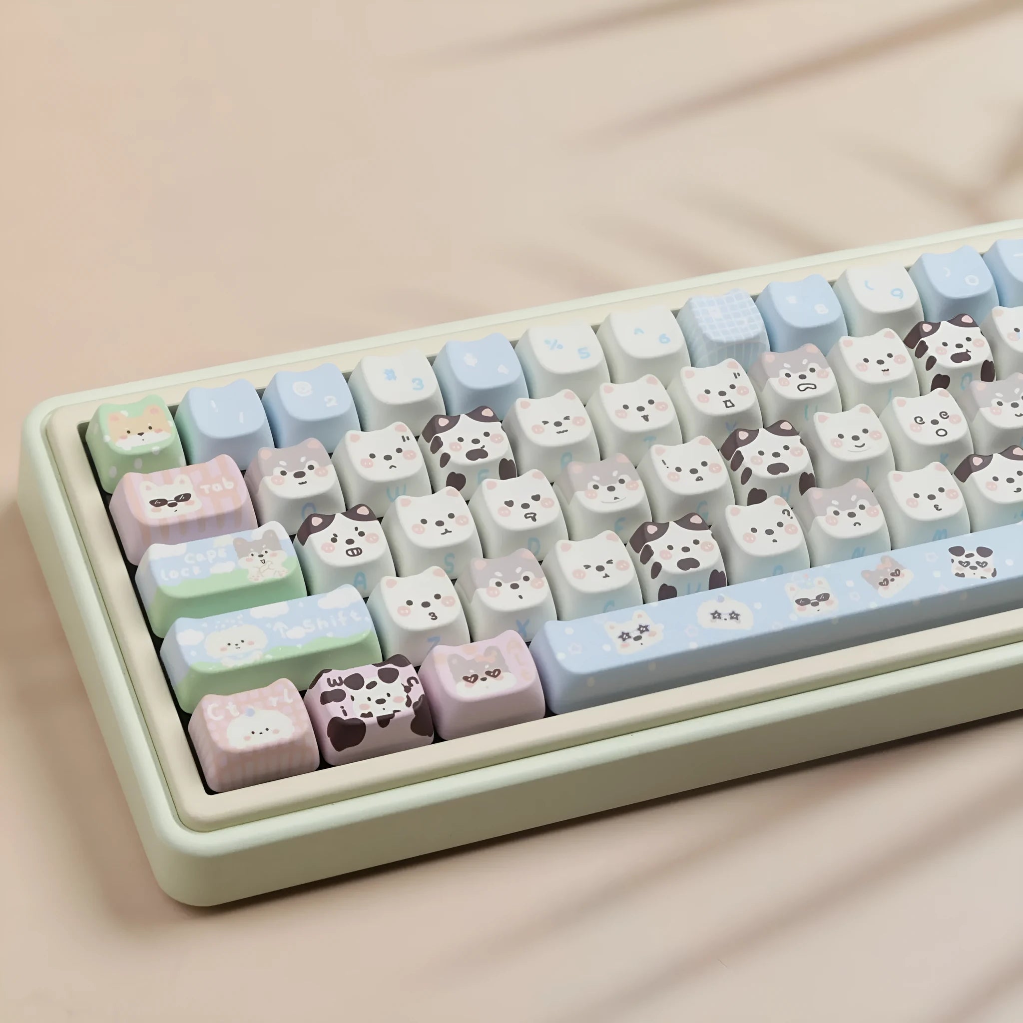 Full set of colourful puppy design PBT plastic key caps for a mechanical keyboard.