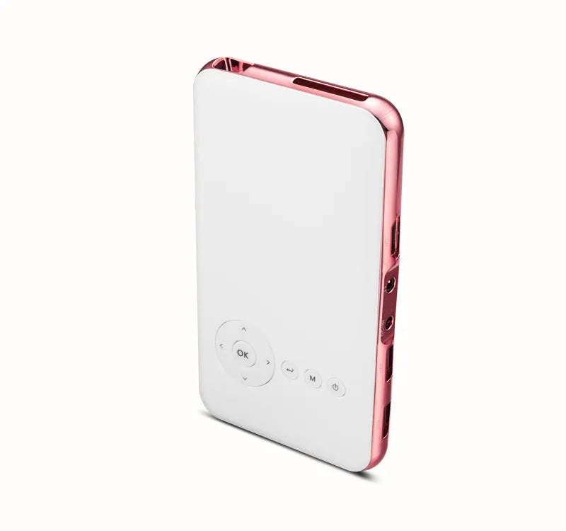 White and rose gold M6S miniature portable DLP Android projector with compact size.