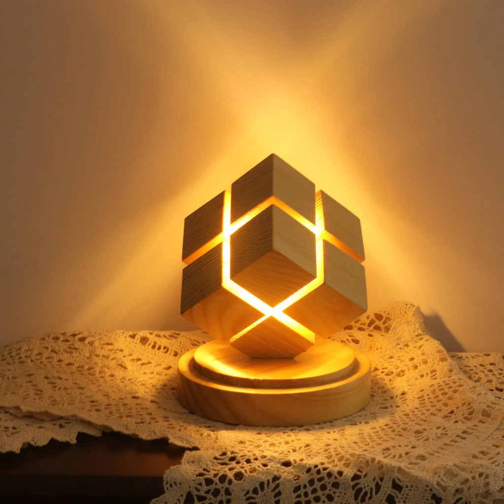 Creative fourth-order Rubik's Cube geometric stereo night lamp with rubber wood shade on bedside table